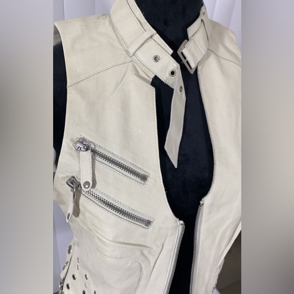 BLANC NOIR Sample Peek A Boo Leather Studded Grommet Vest Pockets Bone White S - Picture 10 of 13